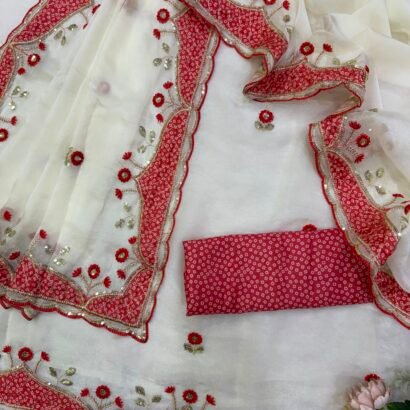 NC Moss Durga Puja saree with applique sequin work and scallop border