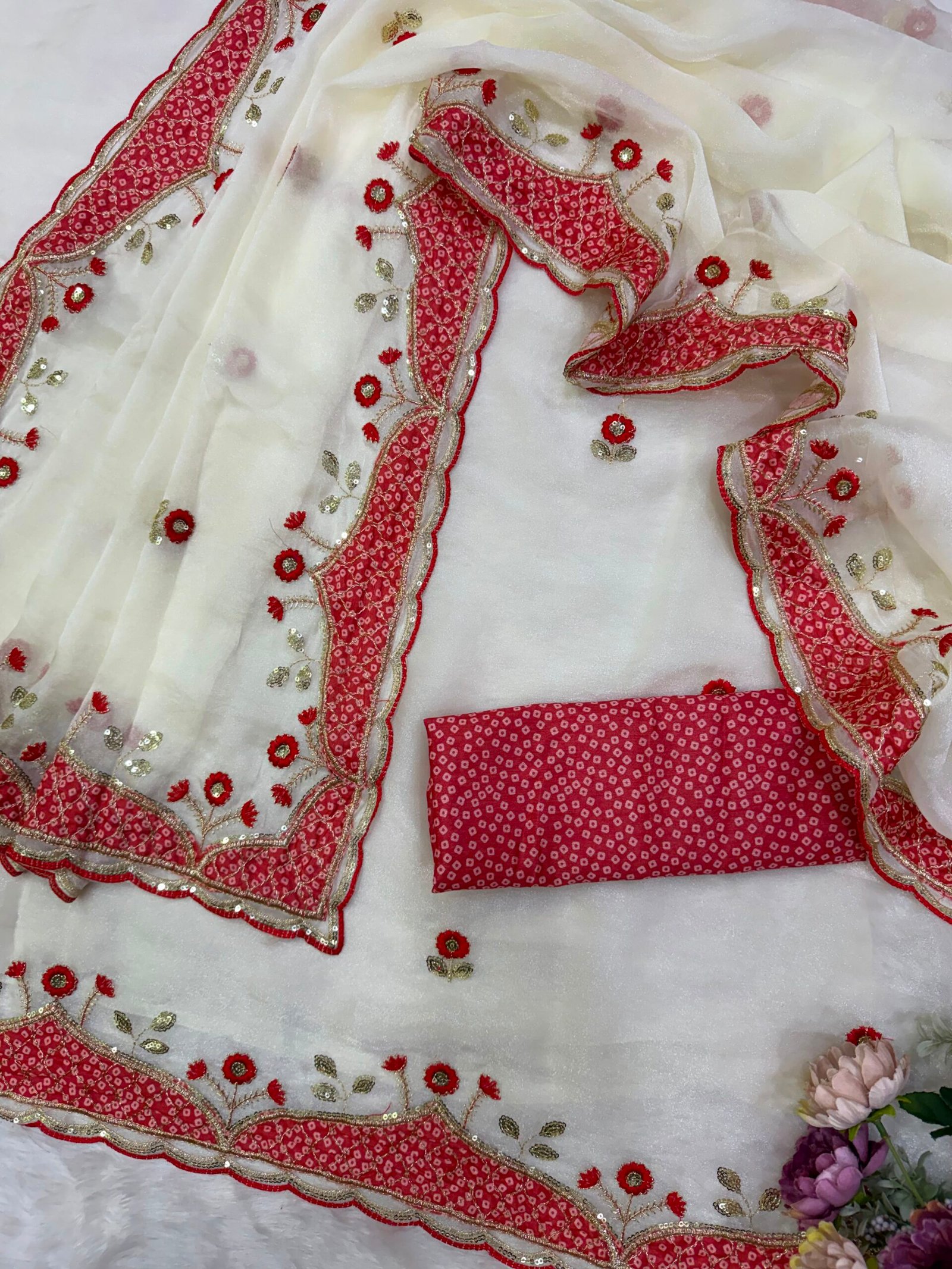 NC Moss Durga Puja saree with applique sequin work and scallop border