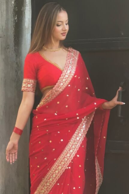 Karva Chauth red designer sequin Georgette saree with dori embroidery border and matching blouse