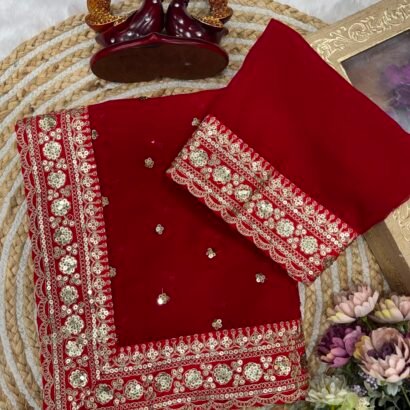 Karva Chauth red designer sequin Georgette saree with dori embroidery border and matching blouse