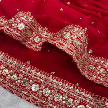 Karva Chauth red designer sequin Georgette saree with dori embroidery border and matching blouse
