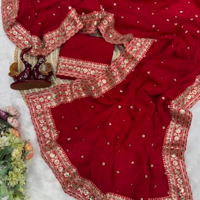 Karva Chauth red designer sequin Georgette saree with dori embroidery border and matching blouse