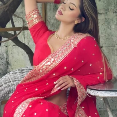Karva Chauth red designer sequin Georgette saree with dori embroidery border and matching blouse
