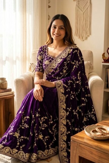 Purple Sequence Saree with Zari Embroidery Work