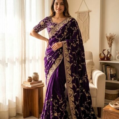 Purple Sequence Saree with Zari Embroidery Work
