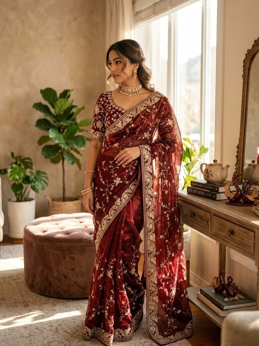 Maroon Sequence Saree with Zari Embroidery Work Sequence Saree with Zari Embroidery Work