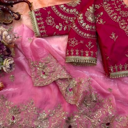 Soft space silk designer saree with sequins and zari embroidery, hand Mina work detailing