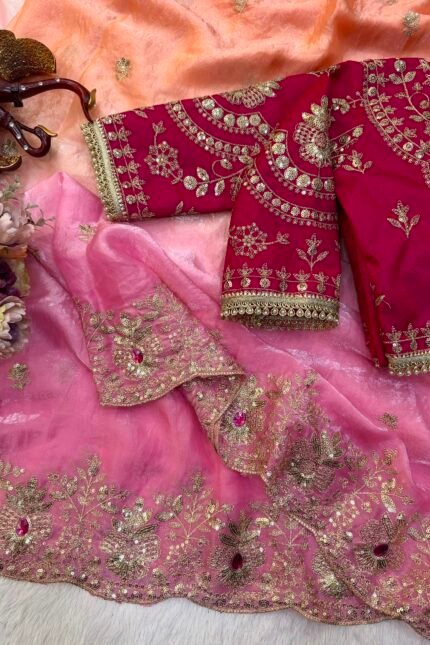 Soft space silk designer saree with sequins and zari embroidery, hand Mina work detailing