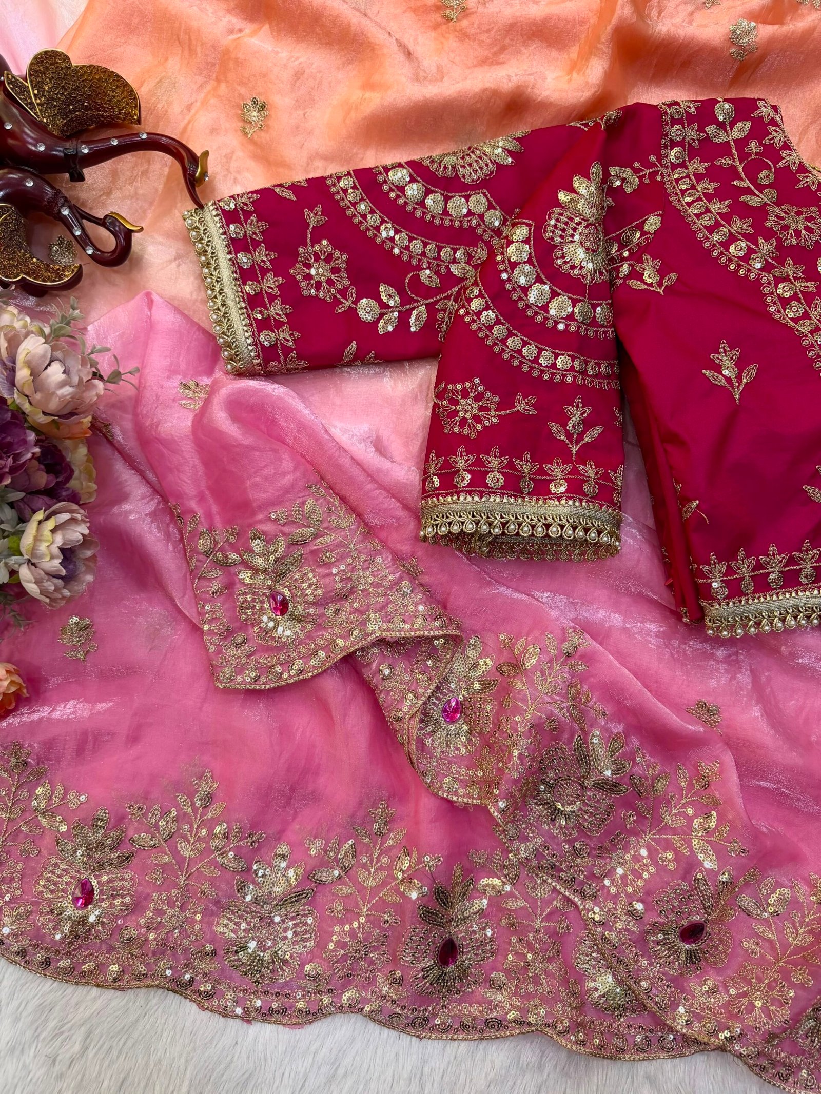 Soft space silk designer saree with sequins and zari embroidery, hand Mina work detailing