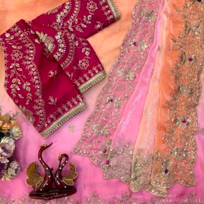 Soft space silk designer saree with sequins and zari embroidery, hand Mina work detailing