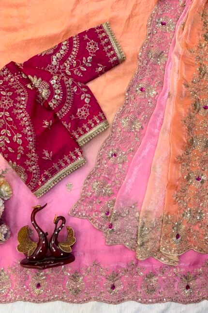 Soft space silk designer saree with sequins and zari embroidery, hand Mina work detailing