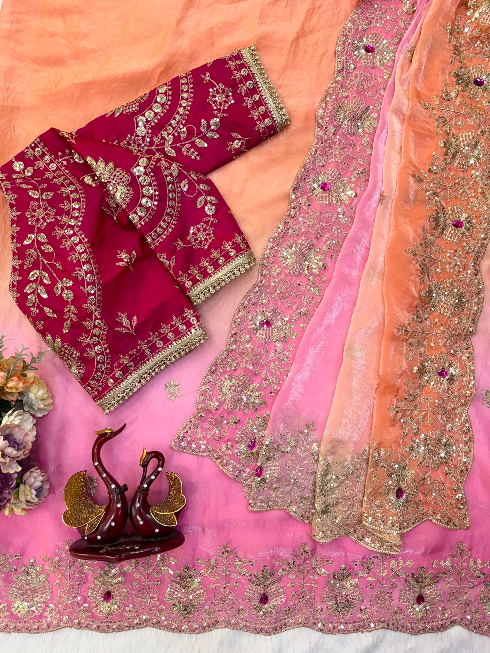 Soft space silk designer saree Soft space silk designer saree with sequins and zari embroidery, hand Mina work detailing