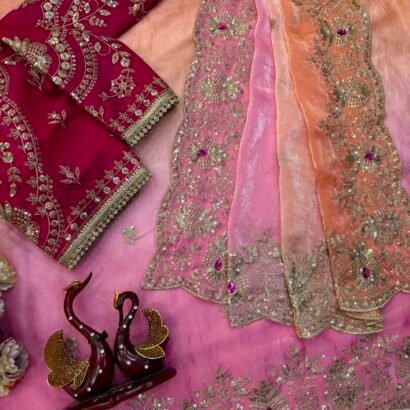 Soft space silk designer saree with sequins and zari embroidery, hand Mina work detailing