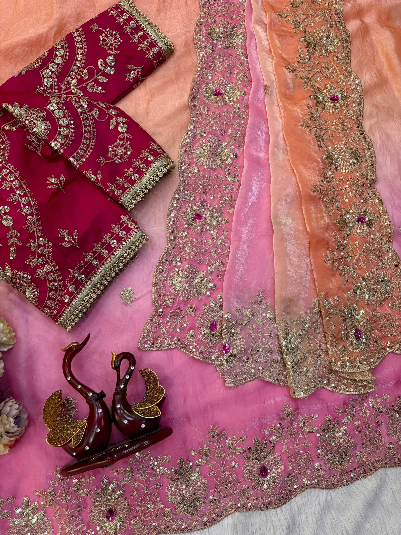 Soft space silk designer saree with sequins and zari embroidery, hand Mina work detailing