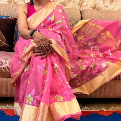Pure pink Kota Doria saree with Parsi embroidery