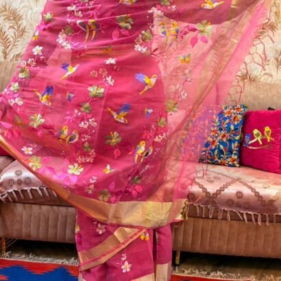 Pure pink Kota Doria saree with Parsi embroidery,