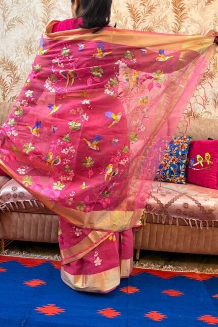 Pure pink Kota Doria saree with Parsi embroidery,