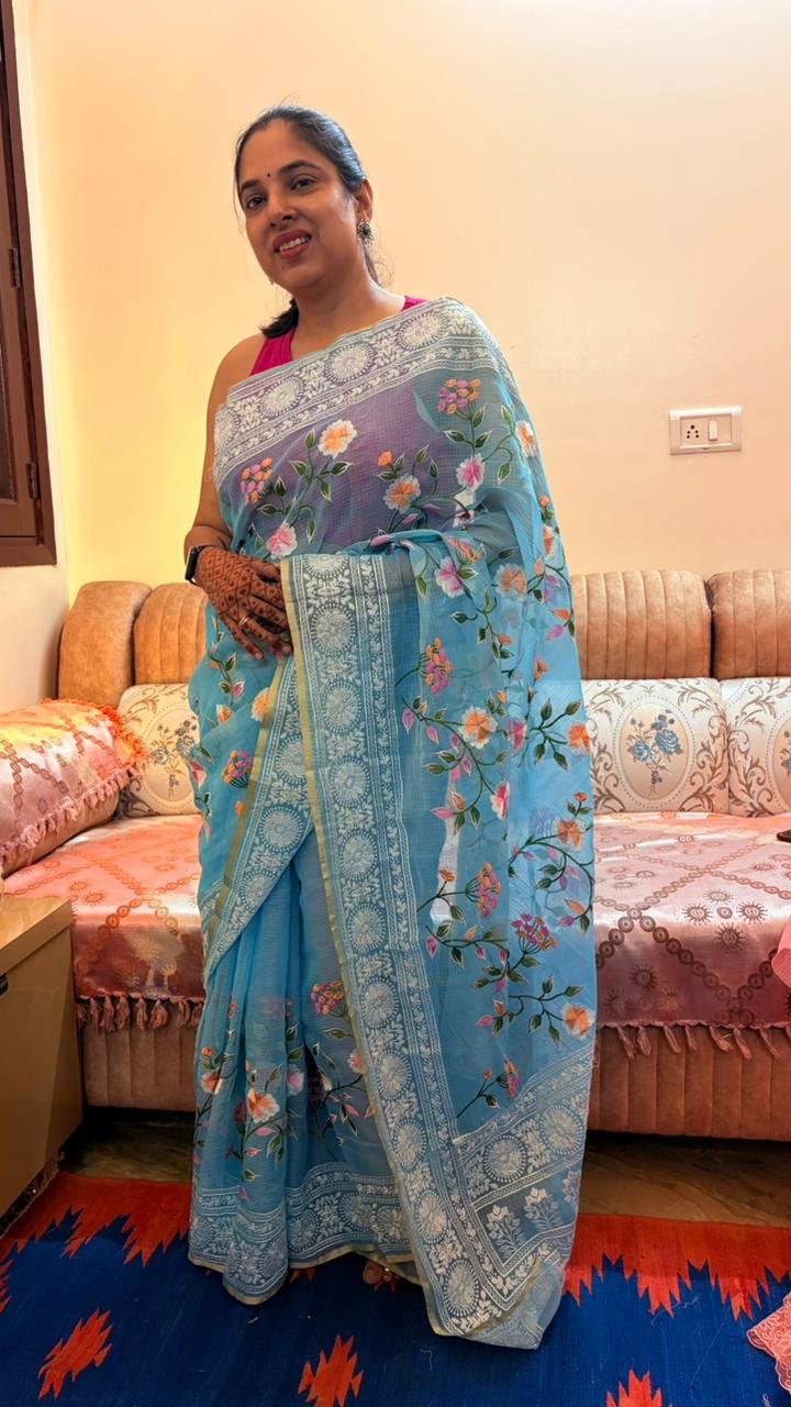 Kota Doria Saree Sky Blue Color with floral Parsi embroidery and white border