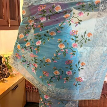 Kota Doria Saree Sky Blue Color with floral Parsi embroidery and white border
