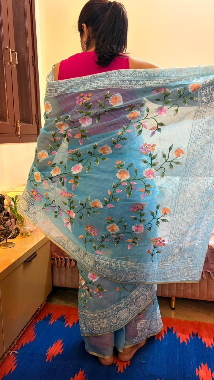 Kota Doria Saree Sky Blue Color with floral Parsi embroidery and white border