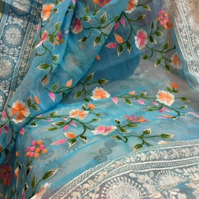 Kota Doria Saree Sky Blue Color with floral Parsi embroidery and white border