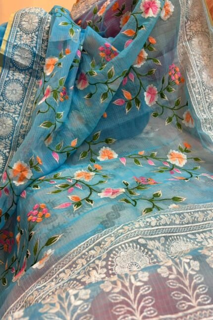 Kota Doria Saree Sky Blue Color with floral Parsi embroidery and white border