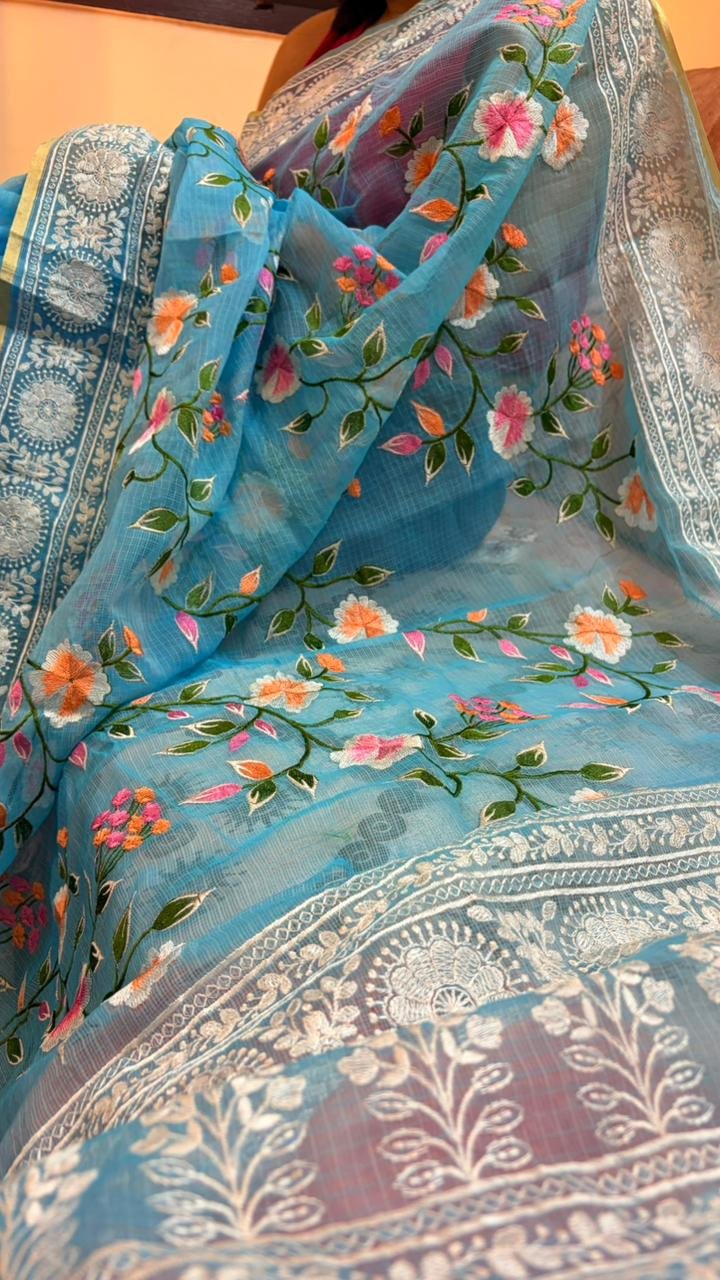 Kota Doria Saree Sky Blue Color Kota Doria Saree Sky Blue Color with floral Parsi embroidery and white border