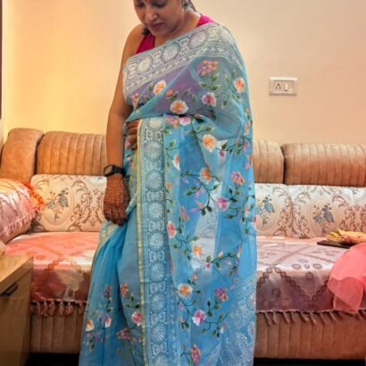 Kota Doria Saree Sky Blue Color with floral Parsi embroidery and white border