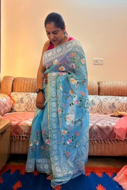 Kota Doria Saree Sky Blue Color with floral Parsi embroidery and white border