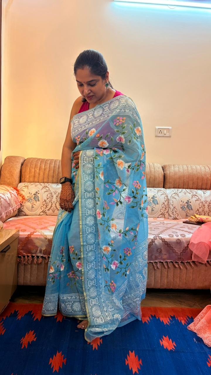 Kota Doria Saree Sky Blue Color with floral Parsi embroidery and white border