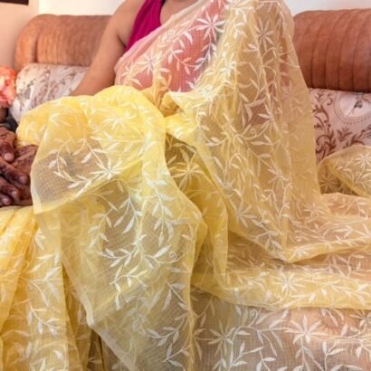Kota Doria Saree Yellow Color with floral Parsi embroidery and white border