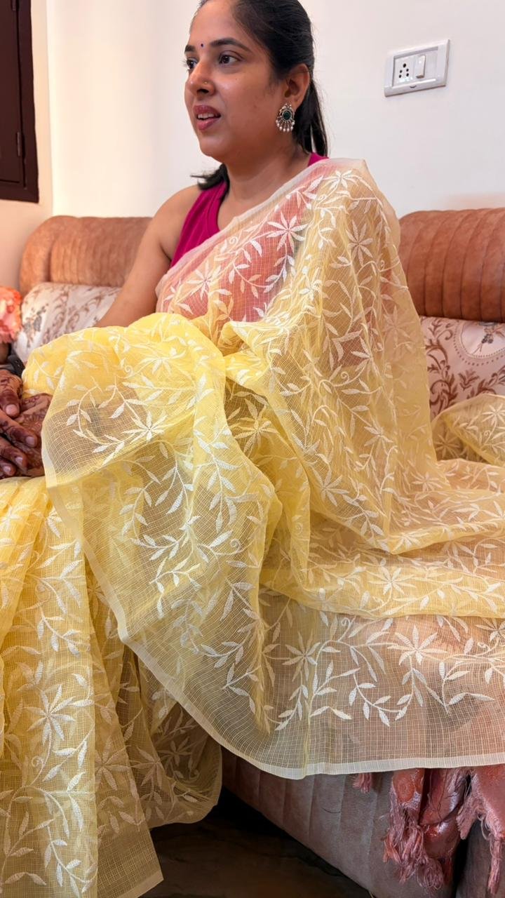 Kota Doria Saree Yellow Color with floral Parsi embroidery and white border