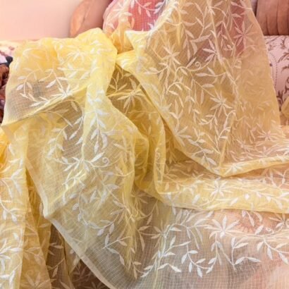 Kota Doria Saree Yellow Color with floral Parsi embroidery and white border