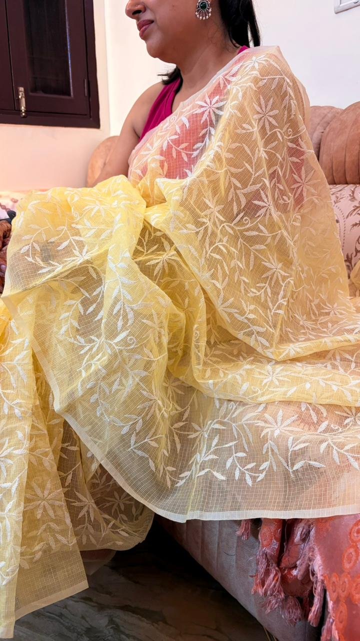 Kota Doria Saree Yellow Color with floral Parsi embroidery and white border
