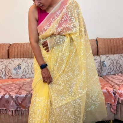 Kota Doria Saree Yellow Color with floral Parsi embroidery and white border
