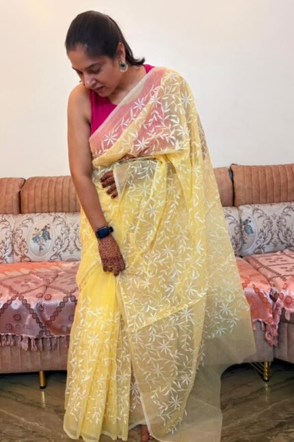 Kota Doria Saree Yellow Color with floral Parsi embroidery and white border