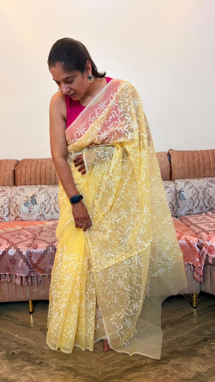Kota Doria Saree Yellow Color Kota Doria Saree Yellow Color with floral Parsi embroidery and white border
