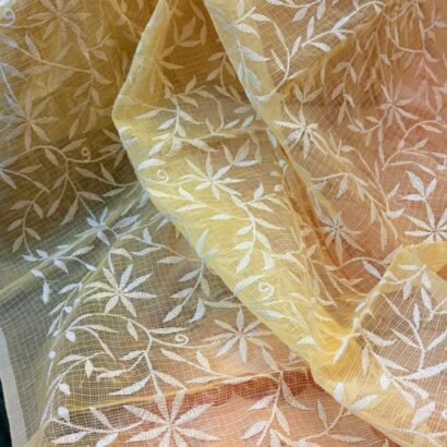 Kota Doria Saree Yellow Color with floral Parsi embroidery and white border