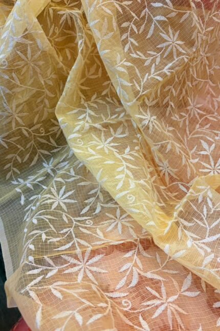 Kota Doria Saree Yellow Color with floral Parsi embroidery and white border