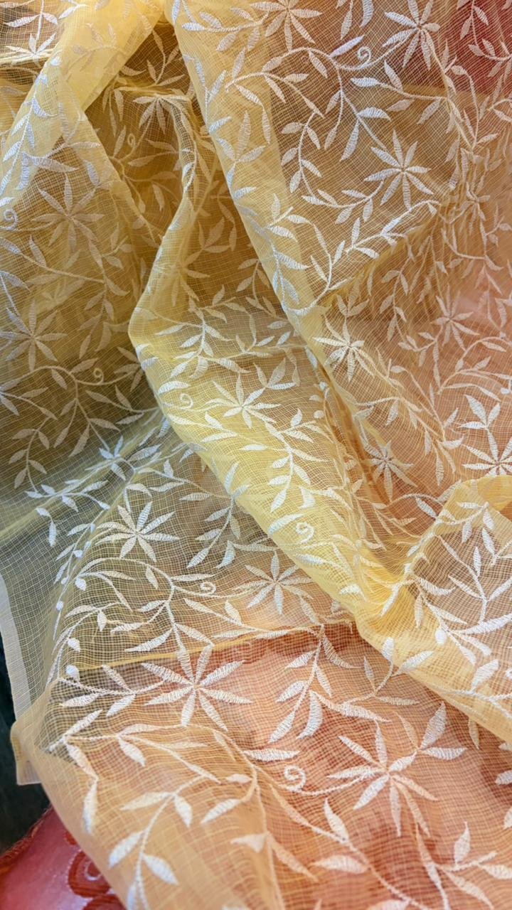 Kota Doria Saree Yellow Color with floral Parsi embroidery and white border