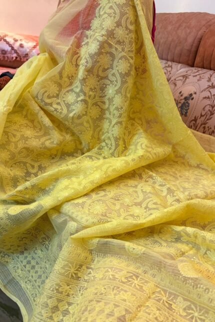 Yellow Kota Doria Saree with floral Parsi embroidery and white border