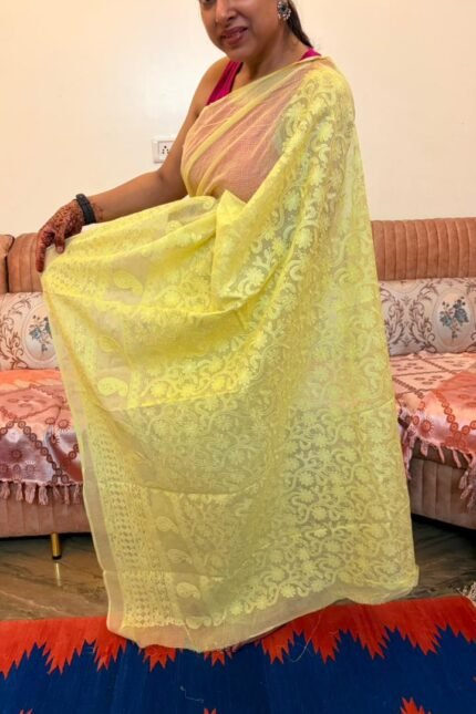 Yellow Kota Doria Saree with floral Parsi embroidery and white border