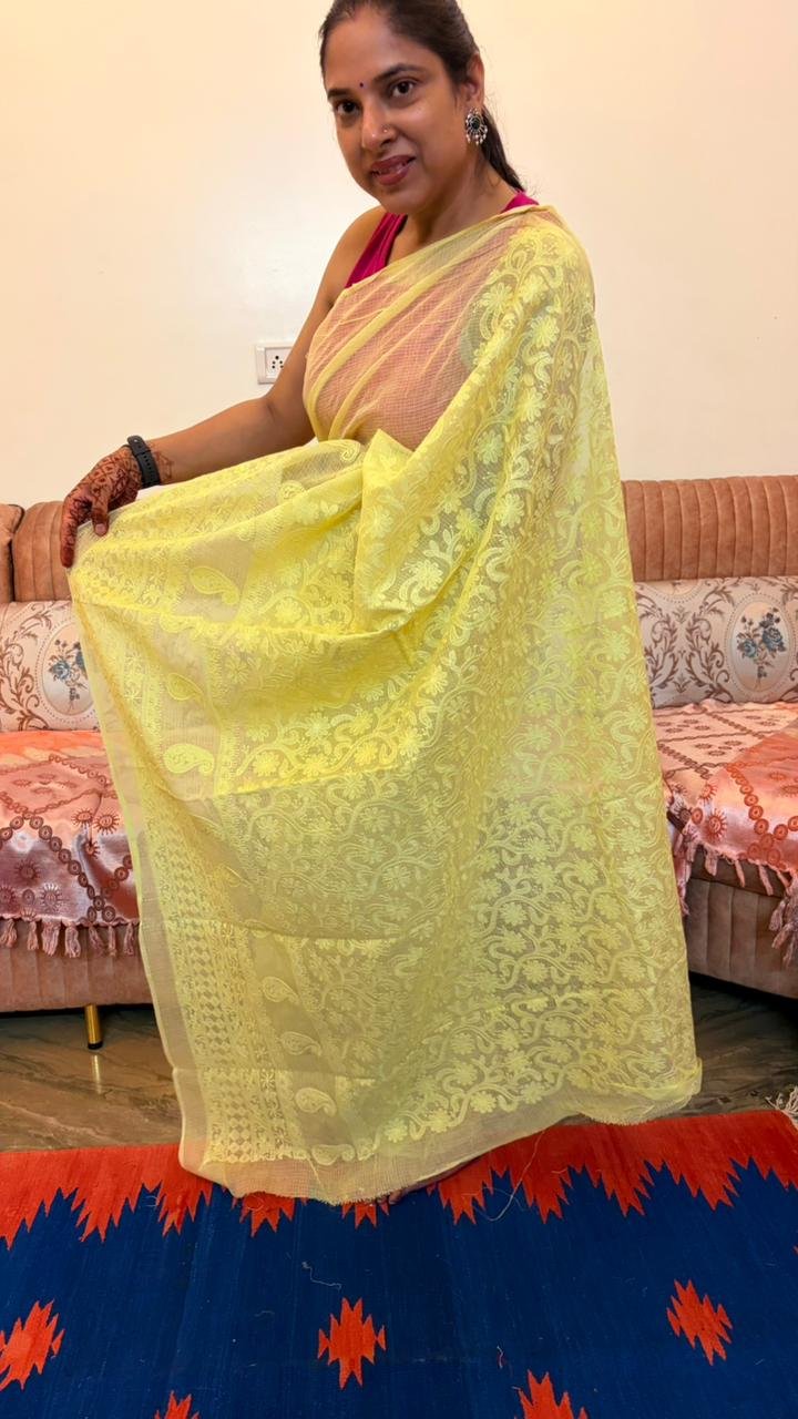 Yellow Kota Doria Saree with floral Parsi embroidery and white border
