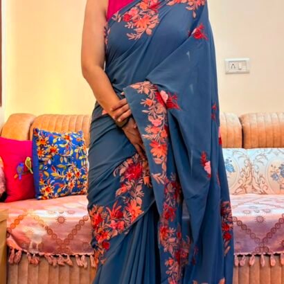 dark slate blue Kashmiri Saree with Multicolor Floral Embroidery