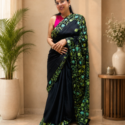 Black Kashmiri Saree with Green Floral Embroidery