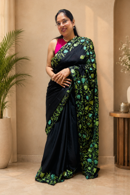 Black Kashmiri Saree with Green Floral Embroidery