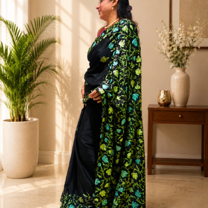 Black Kashmiri Saree with Green Floral Embroidery
