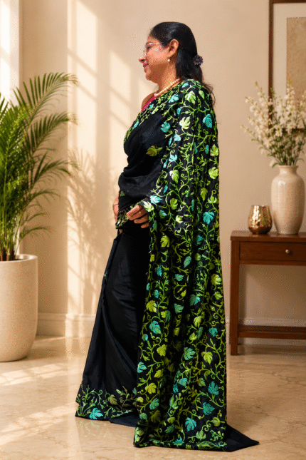 Black Kashmiri Saree with Green Floral Embroidery