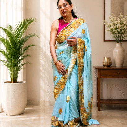 Light Blue Kashmiri Saree with Golden Floral Embroidery
