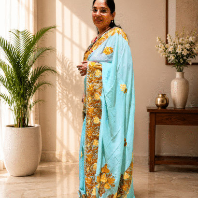 Light Blue Kashmiri Saree with Golden Floral Embroidery